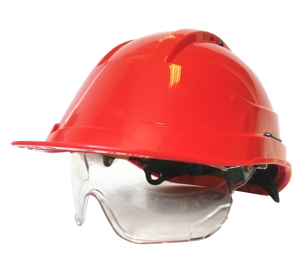 CASQUE DE CHANTIER KARA AVEC LUNETTES ROUGE