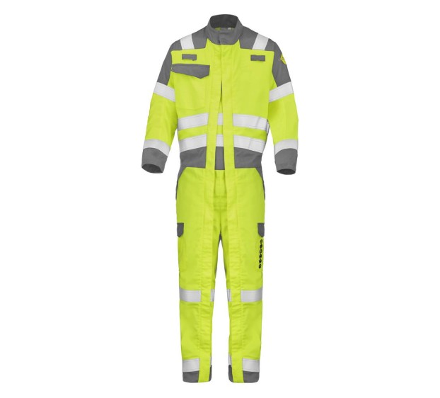 COMBINAISON DOUBLE ZIP HAUTE VISIBILITE/ANTISTATIQUE/IGNIFUGE/SOUDEUR/ANTI-ACIDE/ATEX NEVADO 300 XP JAUNE FLUO/GRIS ACIER