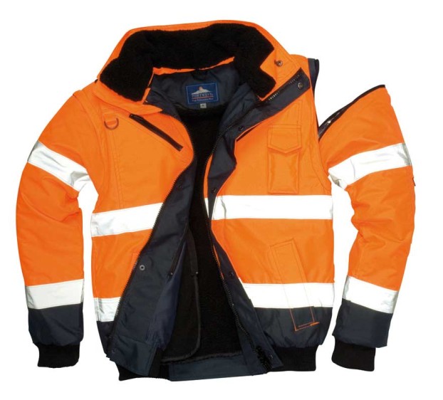 BLOUSON DE PLUIE HAUTE VISIBILITÉ BOMBER ORANGE FLUO/MARINE