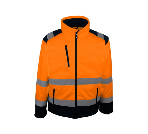 VESTE RÉFLÉCHISSANTE SOFTSHELL HOMME/FEMME VULCO ORANGE FLUO/BLEU MARINE 