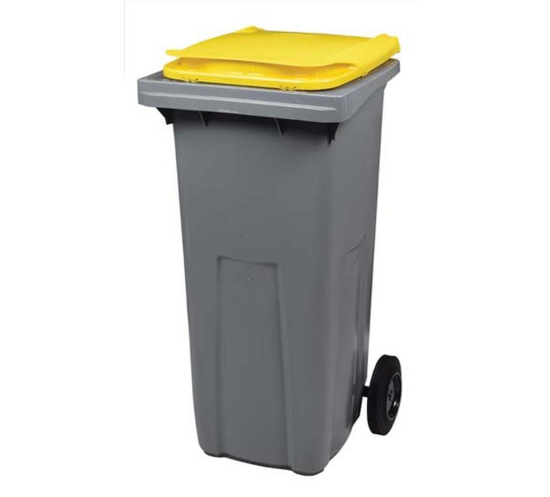 CONTENEUR POUBELLE PLASTIQUE TRI SELECTIF 2 ROUES GRIS/JAUNE 120 LITRES