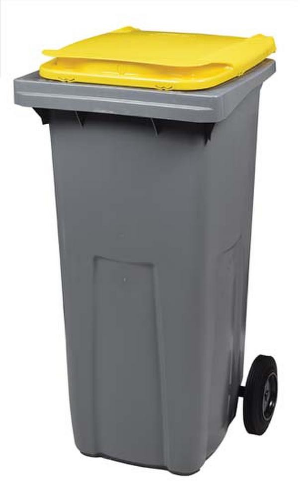 CONTENEUR POUBELLE PLASTIQUE TRI SELECTIF 2 ROUES GRIS/JAUNE 120 LITRES